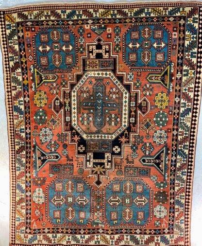 Antique Rug | Pictorial Shirban Rug 4.6x5.6 vibrant colors the Perfect for cozy living areas or as a statement piece in your entryway