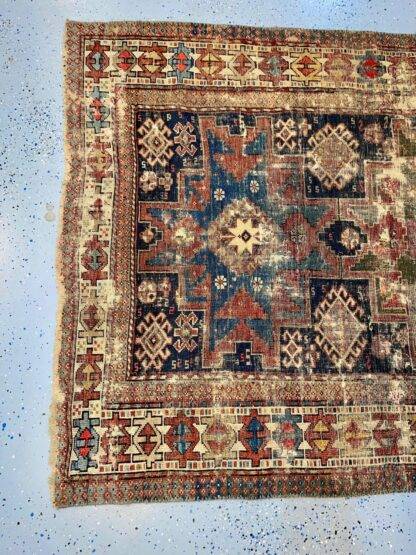 Small Distress Caucasian Kazak Rug, 2.6x2.9 ft Wool Area Rug - Image 4