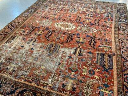 Vintage Serapi Heriz Rug | Distressed Antique Persian Carpet | 1920s Handwoven Wool | 9.7x11.9 ft | Large Oriental Area Rug - Image 11