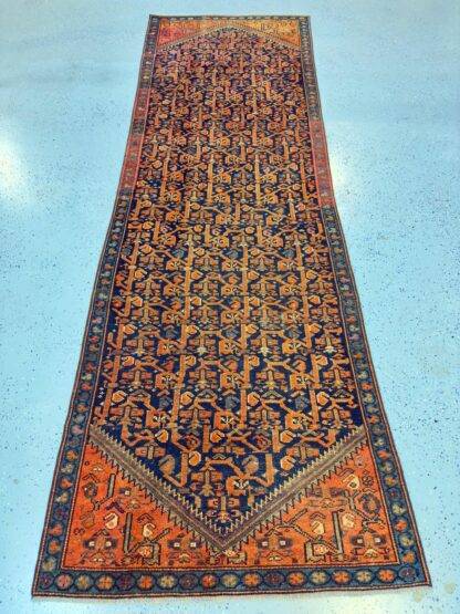 Vintage Handwoven Persian Runner Rug – Exquisite Geometric Charm in Rich Navy & Rust 3.4x9.10